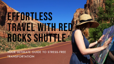 A traveler wearing a straw hat examines a map beside a road with majestic red cliffs under a clear blue sky, with text promoting Red Rocks Shuttle for effortless travel.