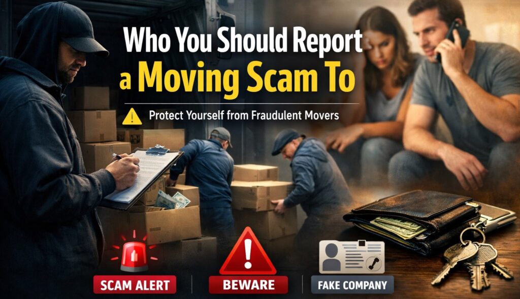 A high-resolution banner with the headline "Who You Should Report a Moving Scam To" and the subheading "Protect Yourself from Fraudulent Movers."