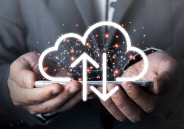 Cloud migration concept showing a digital cloud upload and download icon above a mobile device, representing cloud infrastructure, data transfer, enterprise migration, and digital transformation.