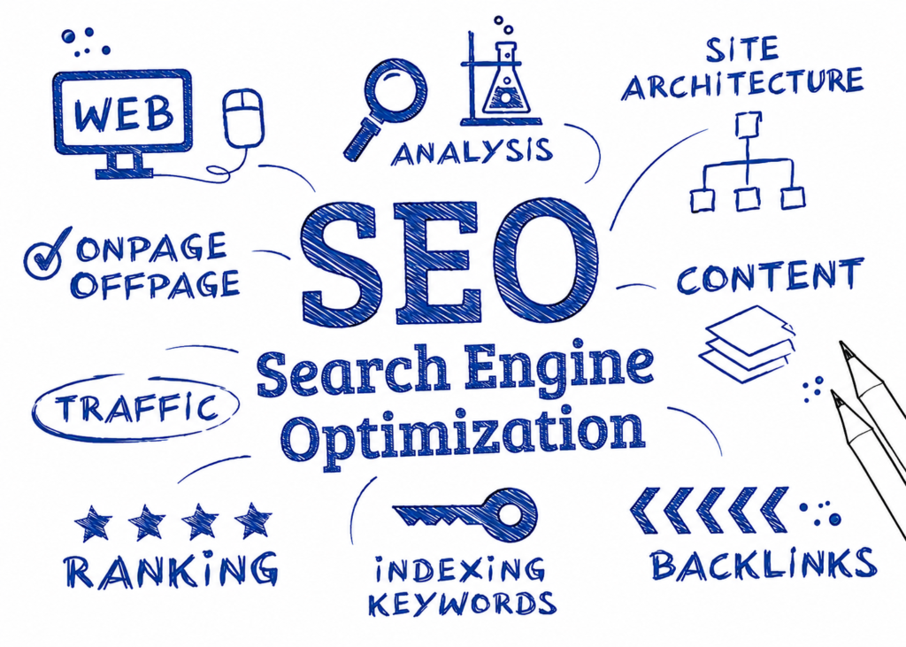Hand drawn SEO infographic showing search engine optimization with keywords, backlinks, traffic, ranking, content, analysis, and site structure.