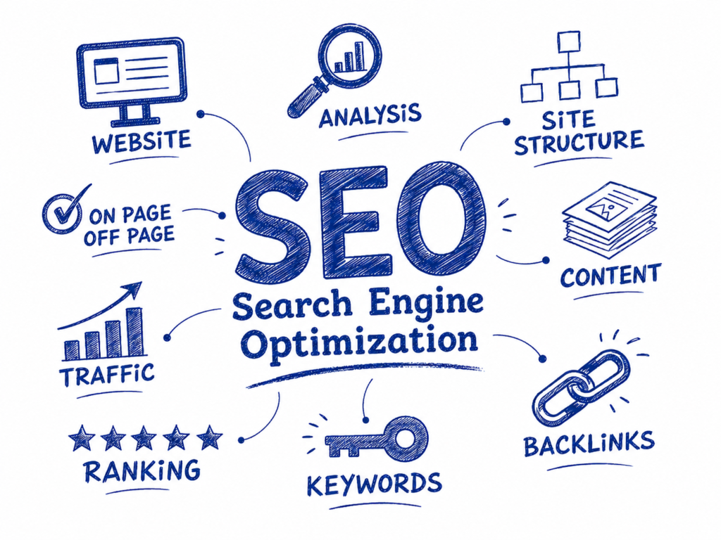 Hand-drawn SEO illustration with website, analysis, keywords, backlinks, ranking, traffic, content, and site structure icons.
