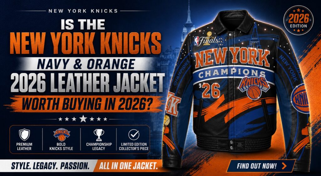 Men’s New York Knicks Navy/Orange 2026 NBA Finals Champions Crystal Leather Full-Snap Jacket
