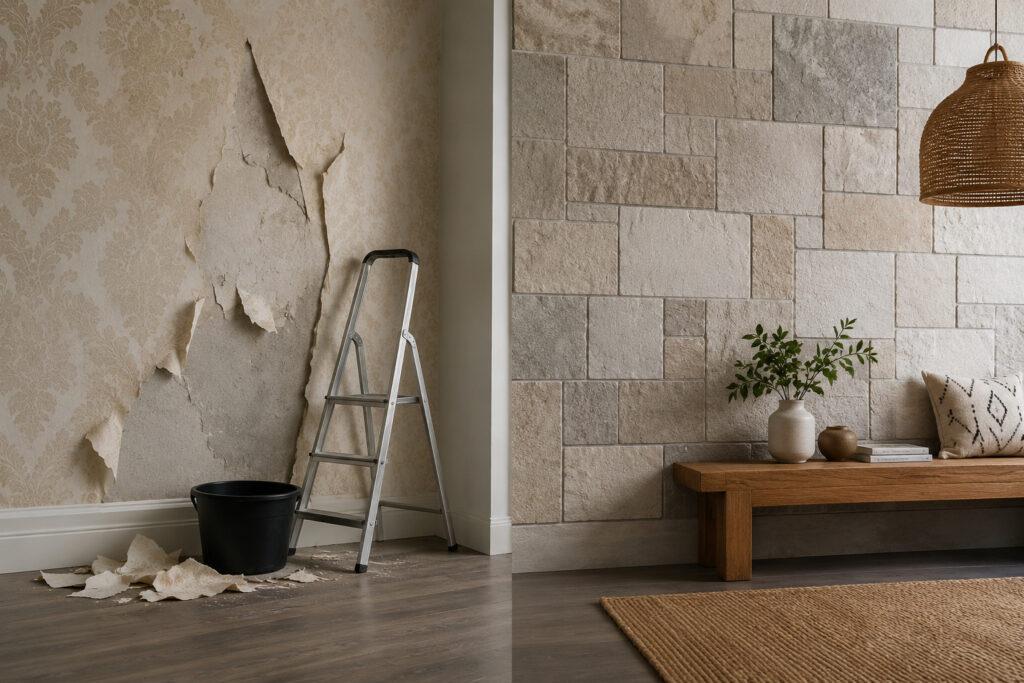 wallpaper vs stone feature walls